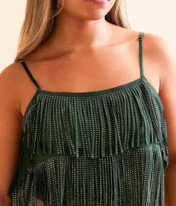 DH Apparel Rhinestone Fringe Cropped Tank Top Eden Green New