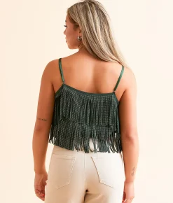 DH Apparel Rhinestone Fringe Cropped Tank Top Eden Green New