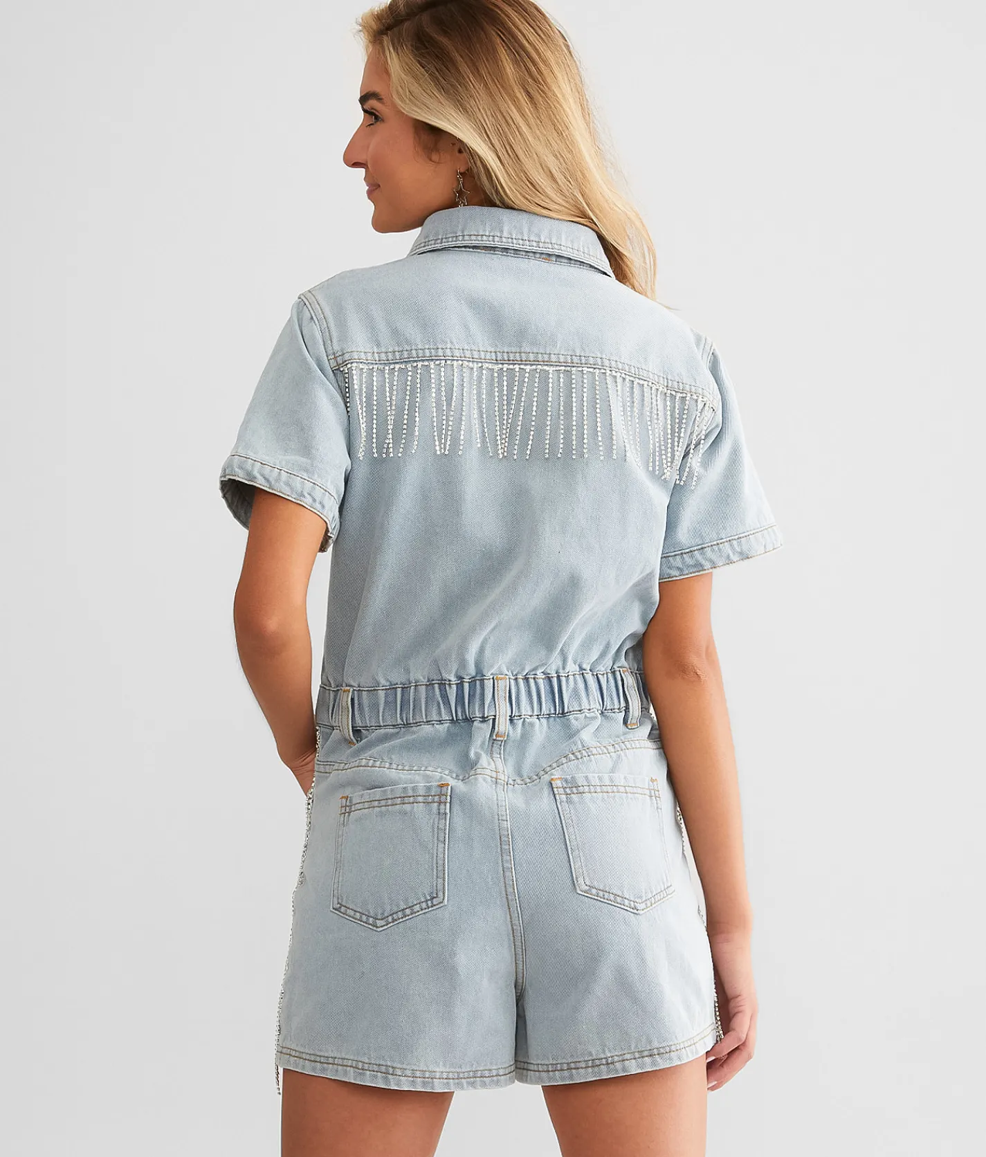 Blue B Rhinestone Fringe Romper Denim Online