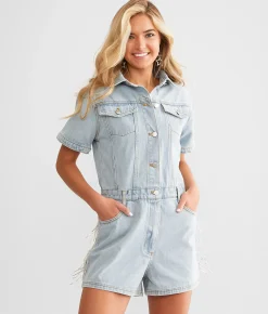 Blue B Rhinestone Fringe Romper Denim Online