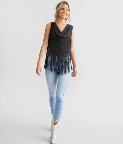 Blue B Rhinestone Fringe Tank Top Black Online