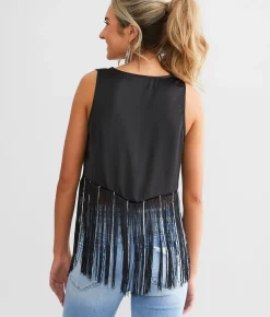 Blue B Rhinestone Fringe Tank Top Black Online
