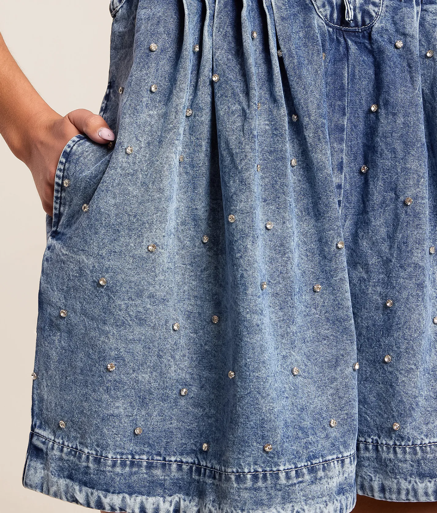 Rompers & Jumpsuits | Veveret Rhinestone Front Tie Denim Romper Medium Wash