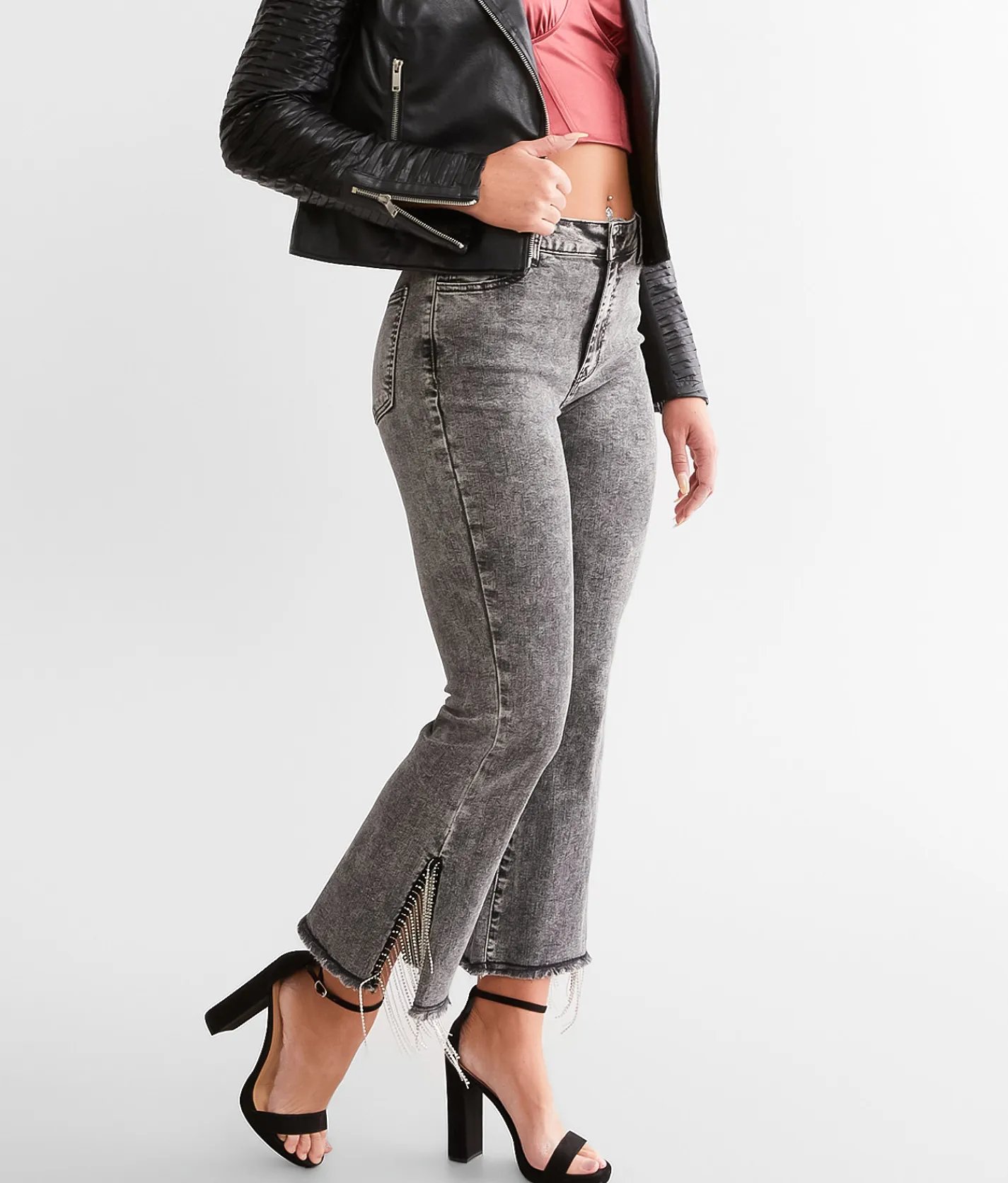 Blue B Rhinestone High Rise Cropped Flare Jean Charcoal Clearance