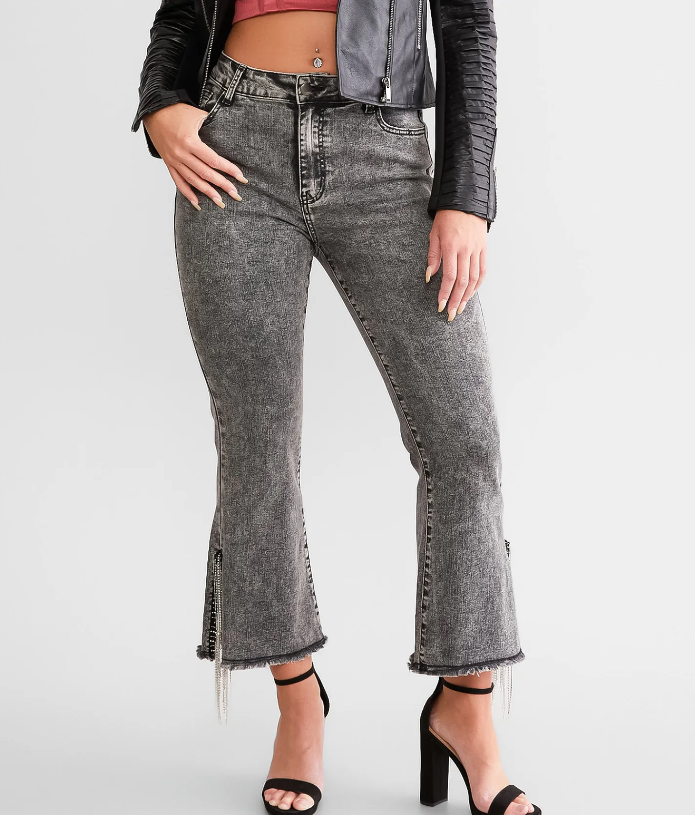Blue B Rhinestone High Rise Cropped Flare Jean Charcoal Clearance