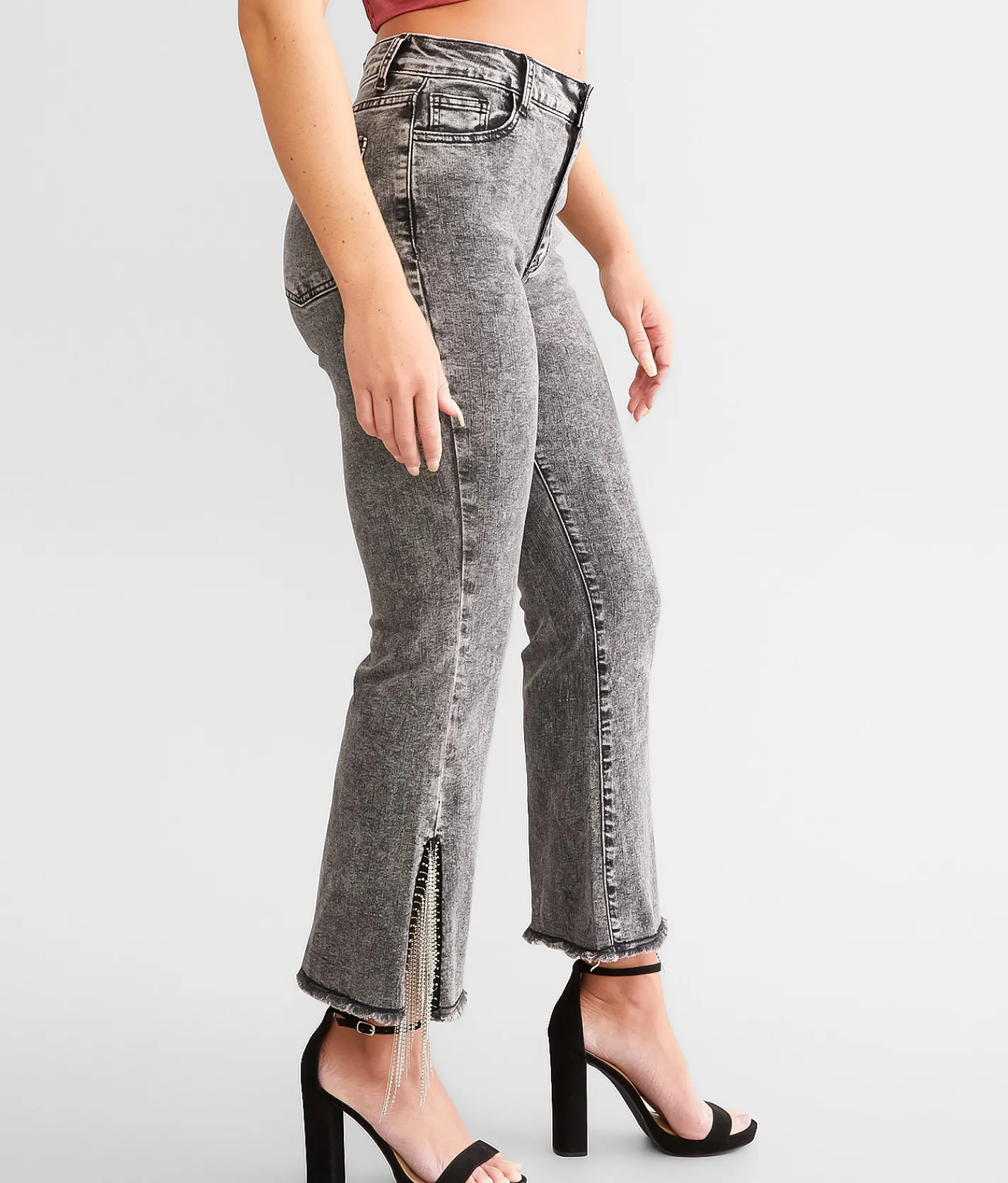 Blue B Rhinestone High Rise Cropped Flare Jean Charcoal Clearance