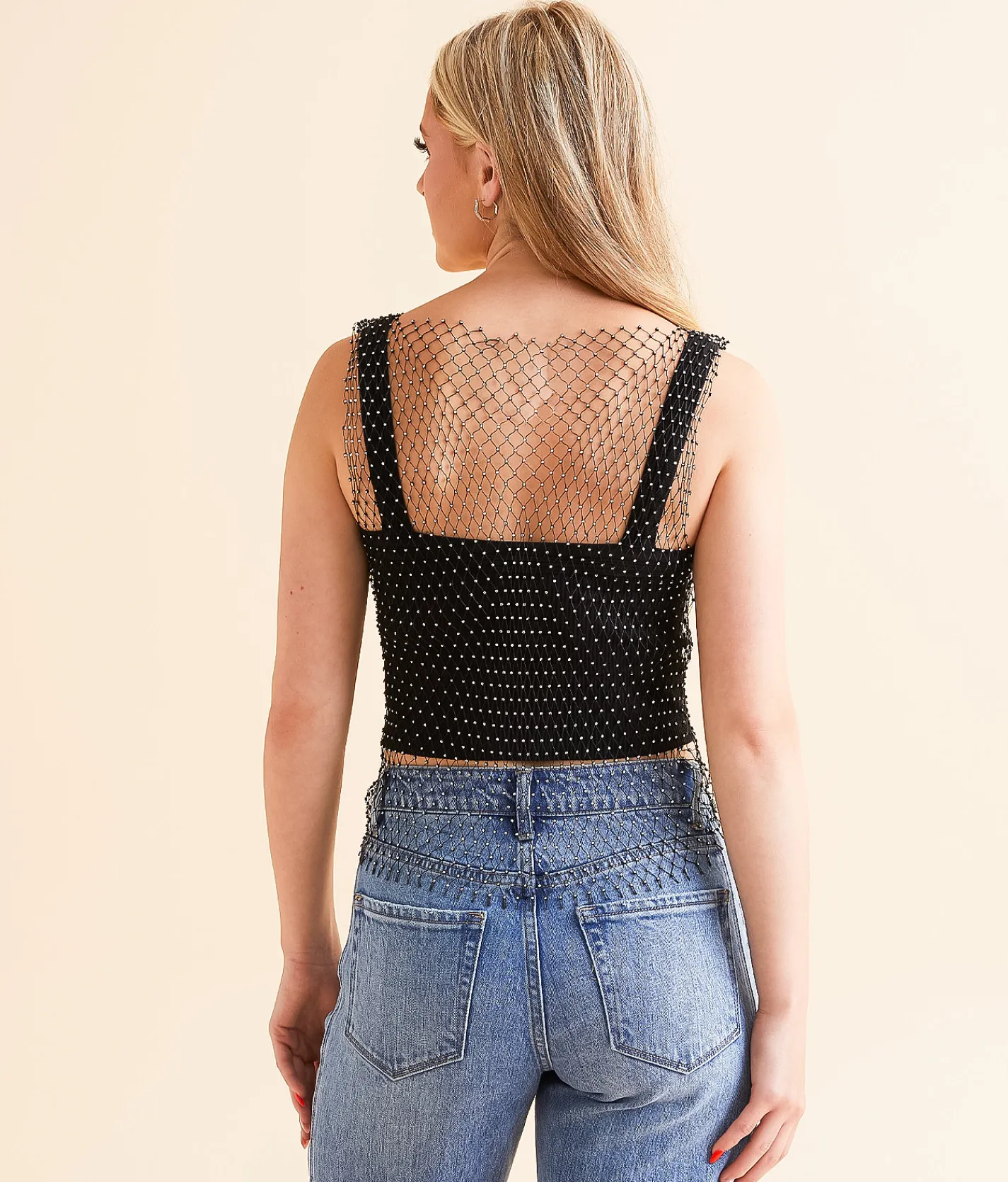 Endless Blu Rhinestone Mesh Tank Top Black Outlet
