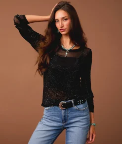 Tops | Sterling & Stitch Rhinestone Mesh Top Black