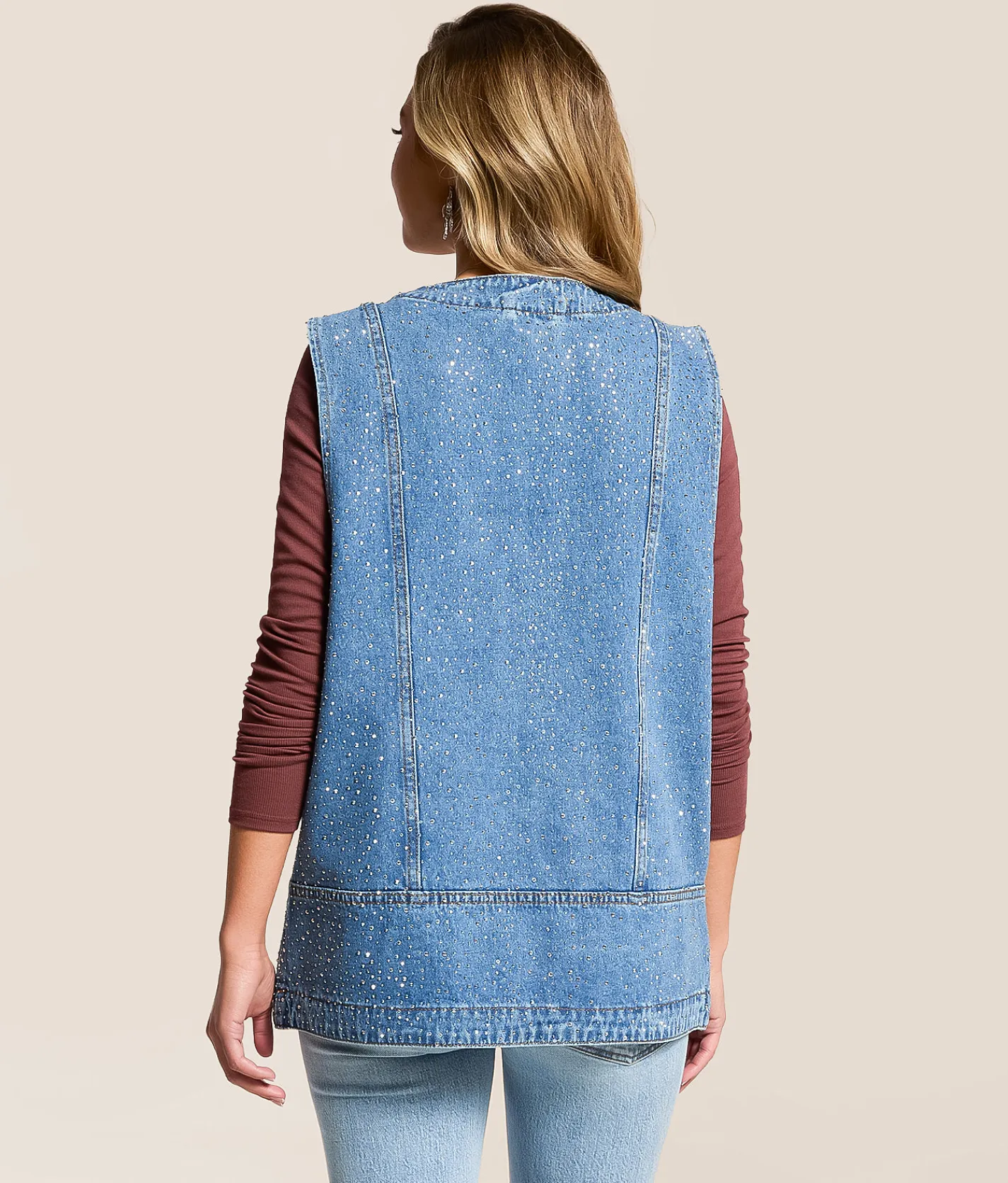 Veveret Rhinestone Oversized Denim Vest Dark Wash Hot