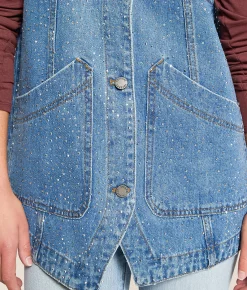 Veveret Rhinestone Oversized Denim Vest Dark Wash Hot