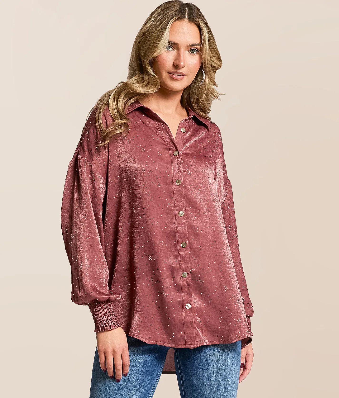 Daytrip Rhinestone Satin Blouse Apple Butter Hot