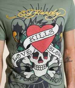 Graphic T-Shirts | Ed Hardy Rhinestone Skull T-Shirt Light Olive