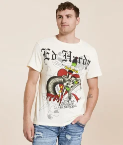 Graphic T-Shirts | Ed Hardy Rhinestone Snake T-Shirt Ivory