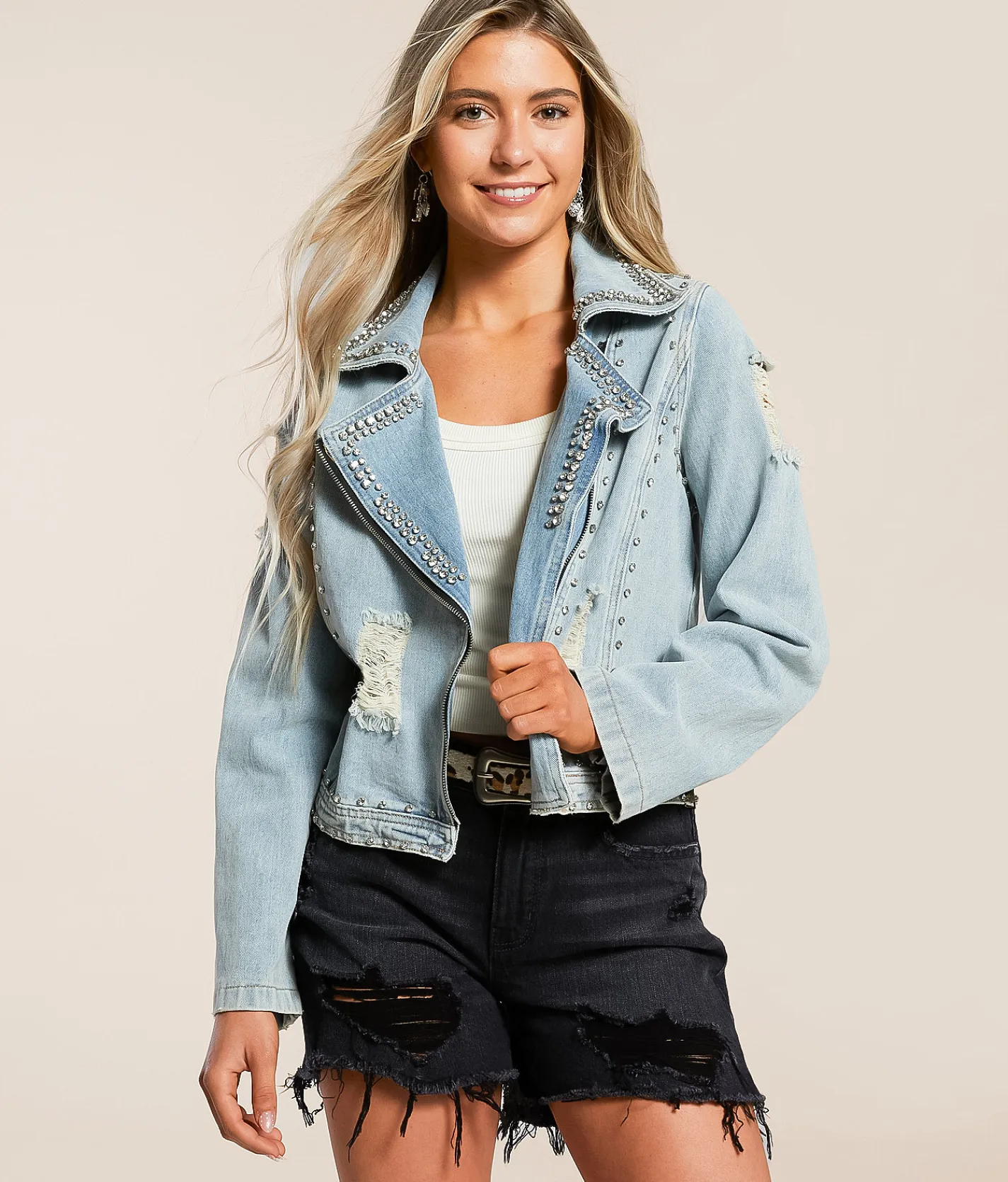 Davi & Dani Rhinestone Studded Denim Jacket Blue New