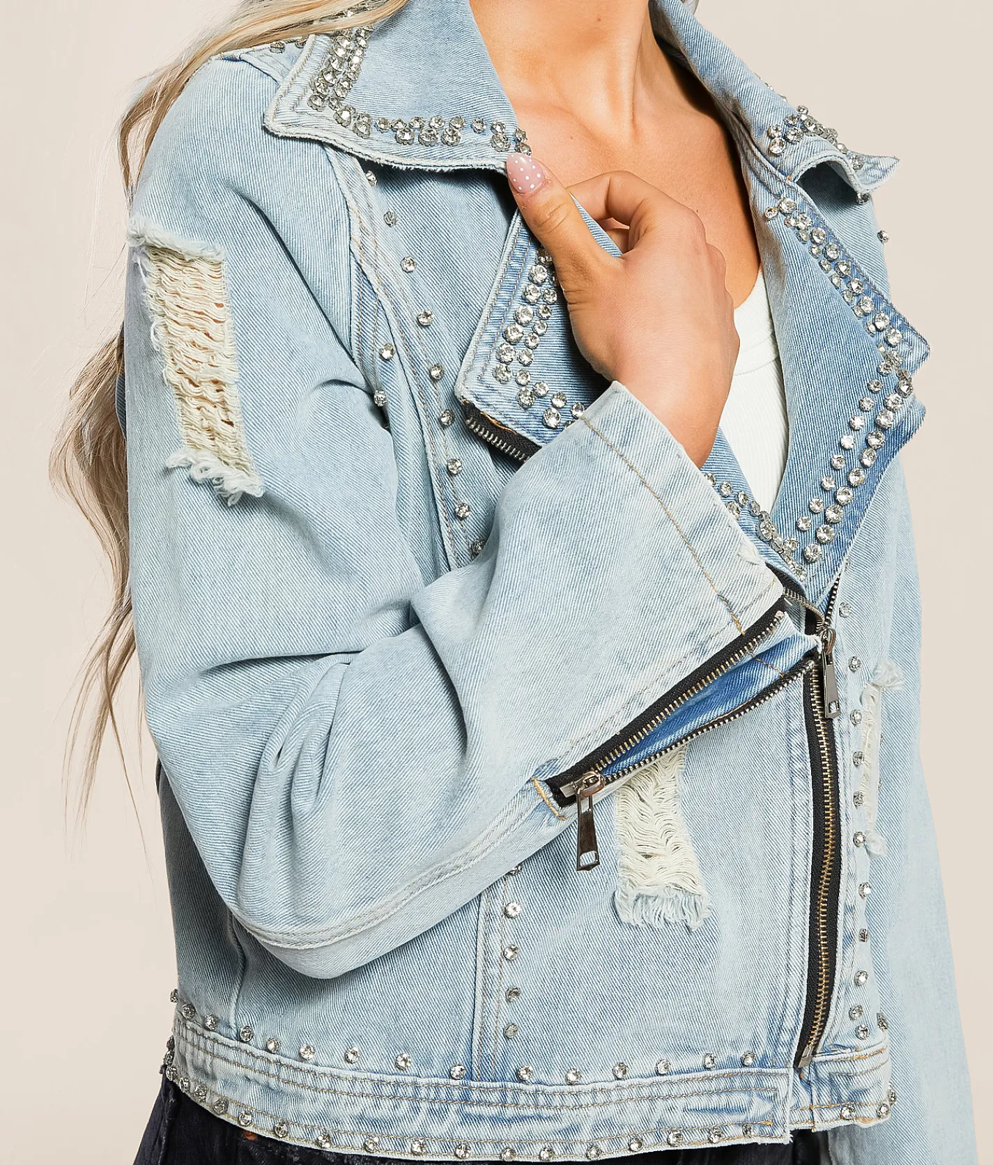 Davi & Dani Rhinestone Studded Denim Jacket Blue New
