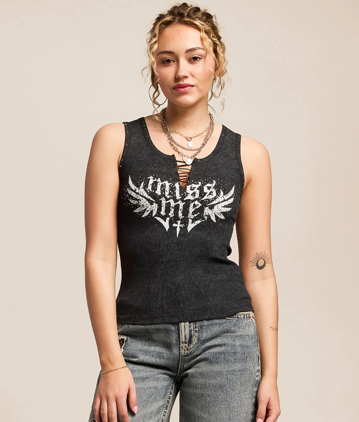 Miss Me Rhinestone Tank Top Charcoal Grey Sale