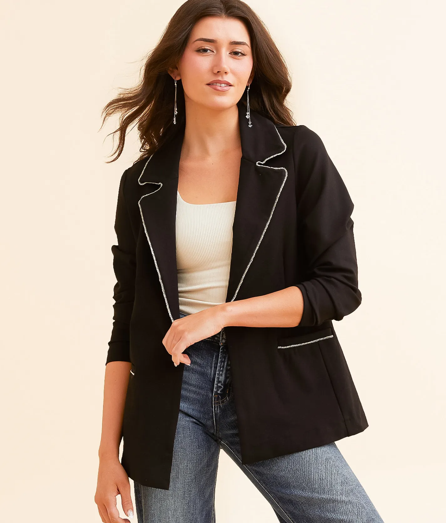 Tops|Coats & Jackets | Willow & Root Rhinestone Trim Ponte Blazer Black