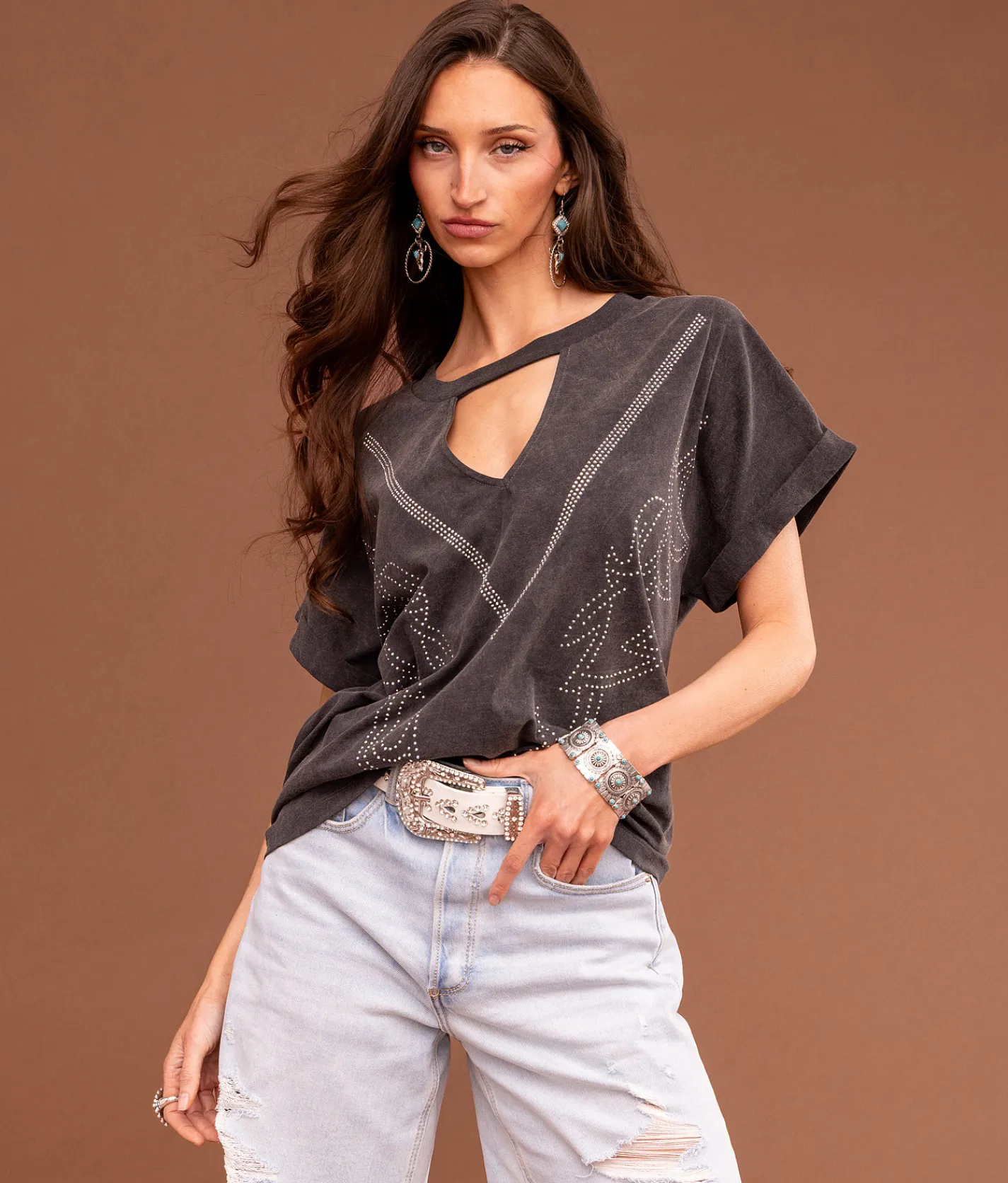Sterling & Stitch Rhinestone T-Shirt Washed Black Online