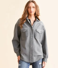 Tops|Coats & Jackets | BKE Ribbed Aztec Embroidered Shacket Charcoal