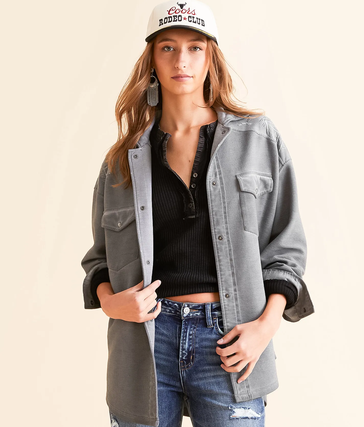 Tops|Coats & Jackets | BKE Ribbed Aztec Embroidered Shacket Charcoal