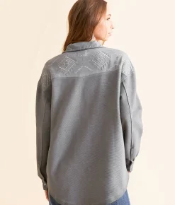 Tops|Coats & Jackets | BKE Ribbed Aztec Embroidered Shacket Charcoal
