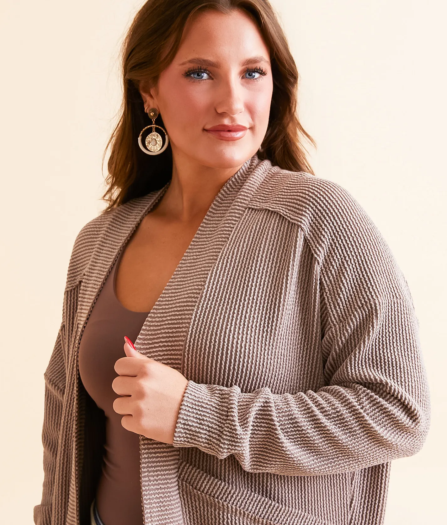 BKE Ribbed Cocoon Cardigan Acorn Hot