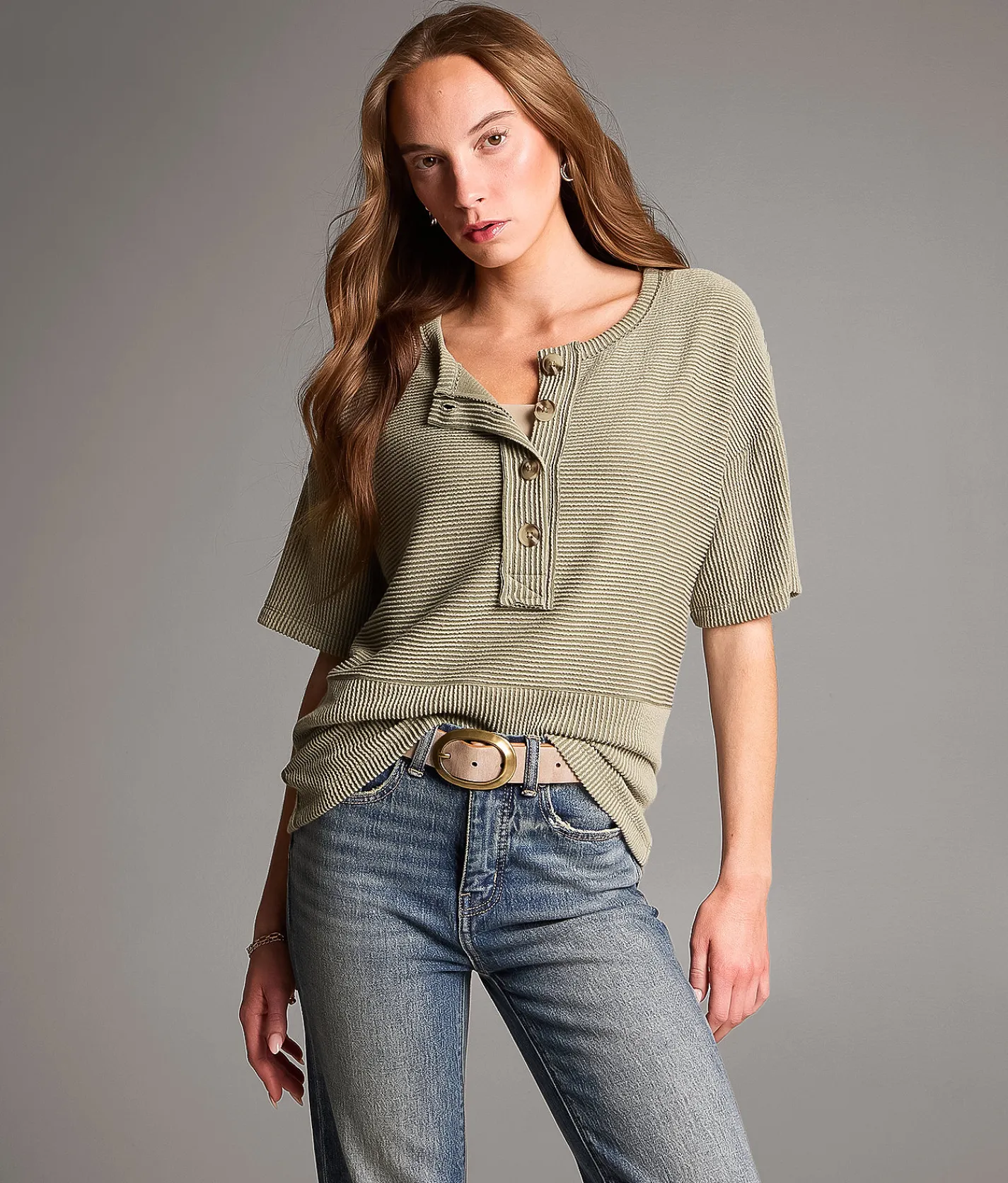 BKE Ribbed Henley Green Outlet