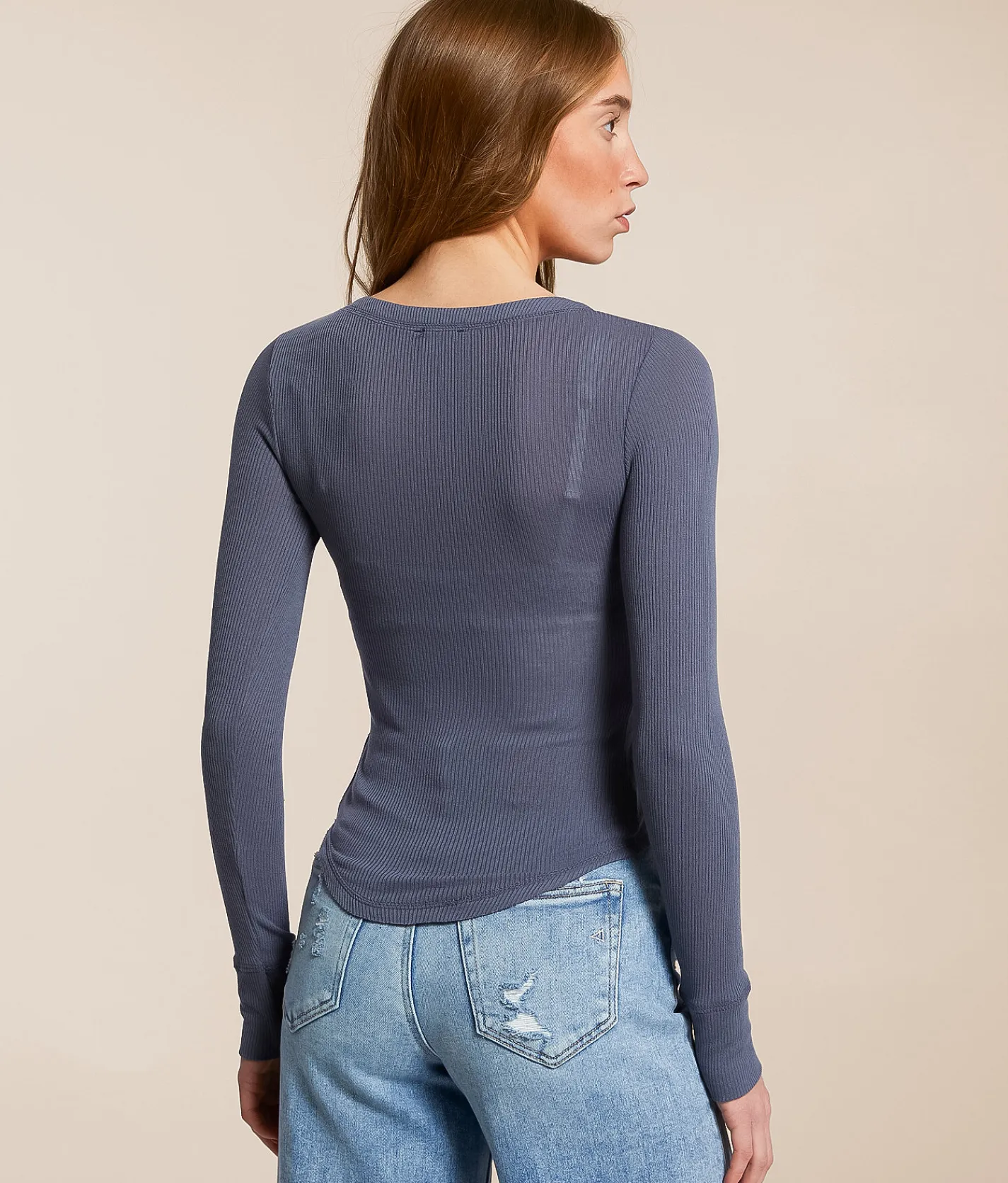 The Workshop Ribbed Henley Dusty Blue New