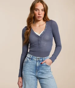 The Workshop Ribbed Henley Dusty Blue New