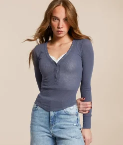 The Workshop Ribbed Henley Dusty Blue New