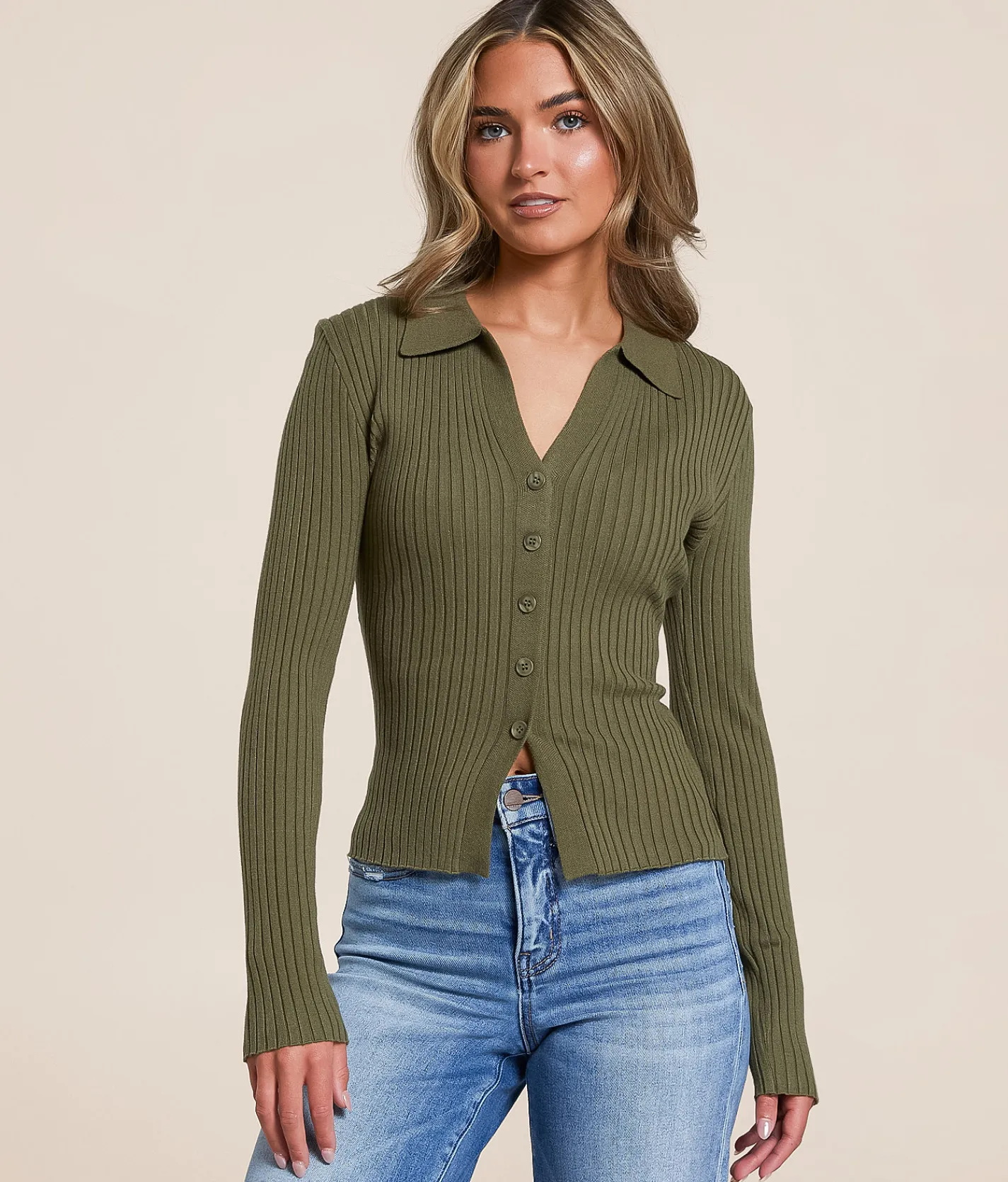 Tops | Blu Pepper Ribbed Knit Collared Shirt Olive