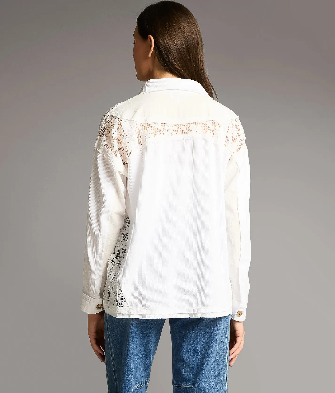 BKE Ribbed Knit Lace Shirt White