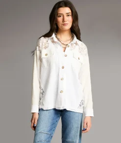 BKE Ribbed Knit Lace Shirt White