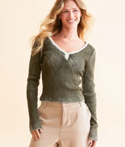 Gilded Intent Ribbed Knit Top Olive Discount