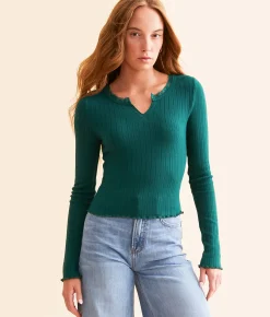 FITZ + EDDI Ribbed Lace Trim Top Botanical Garden New