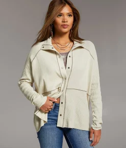 BKE Ribbed Mock Neck Cardigan Peyote Cream