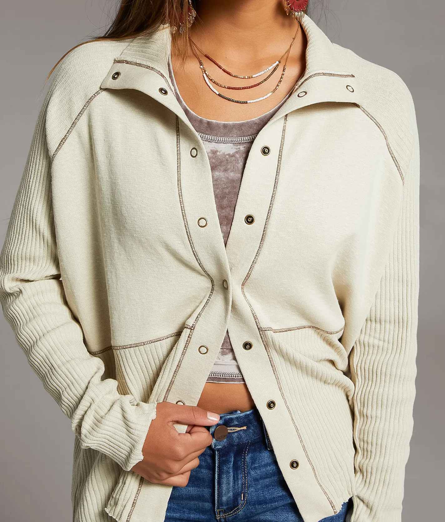 BKE Ribbed Mock Neck Cardigan Peyote Cream