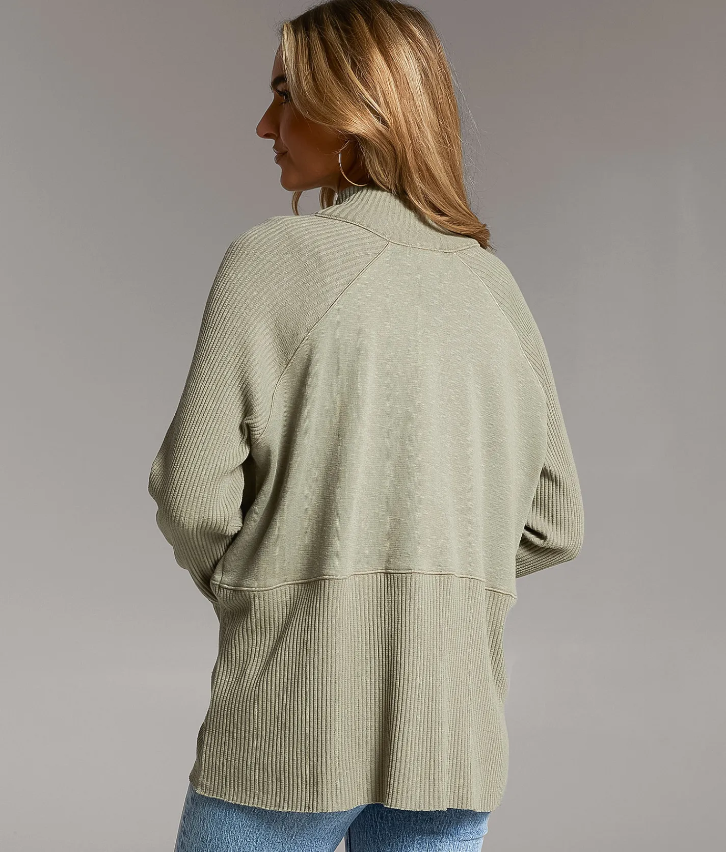BKE Ribbed Mock Neck Cardigan Vetiver Taupe Best
