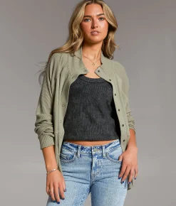 BKE Ribbed Mock Neck Cardigan Vetiver Taupe Best
