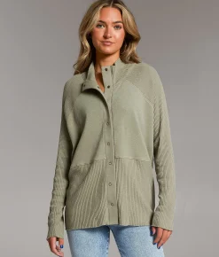 BKE Ribbed Mock Neck Cardigan Vetiver Taupe Best