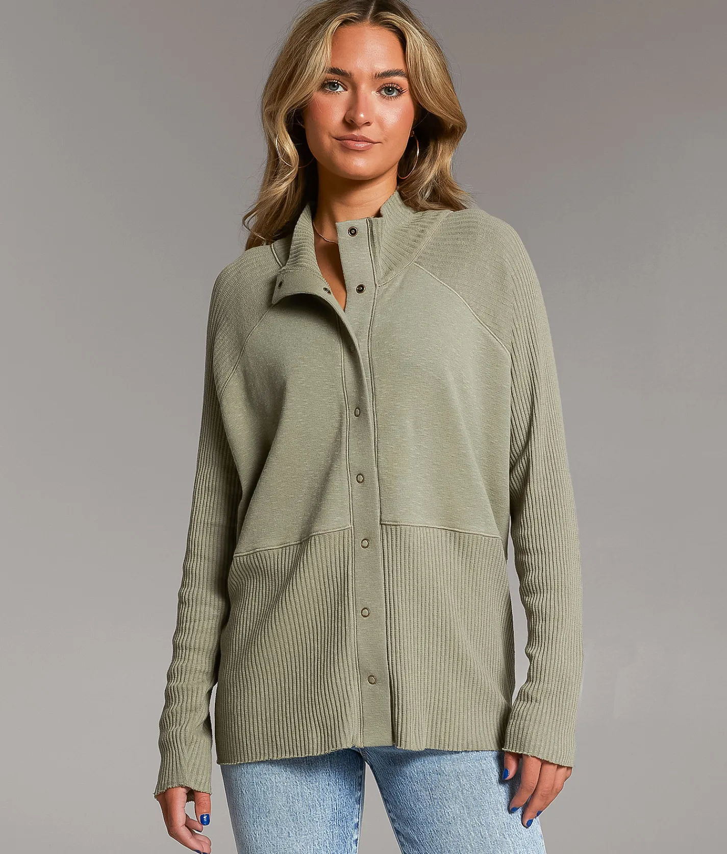 BKE Ribbed Mock Neck Cardigan Vetiver Taupe Best
