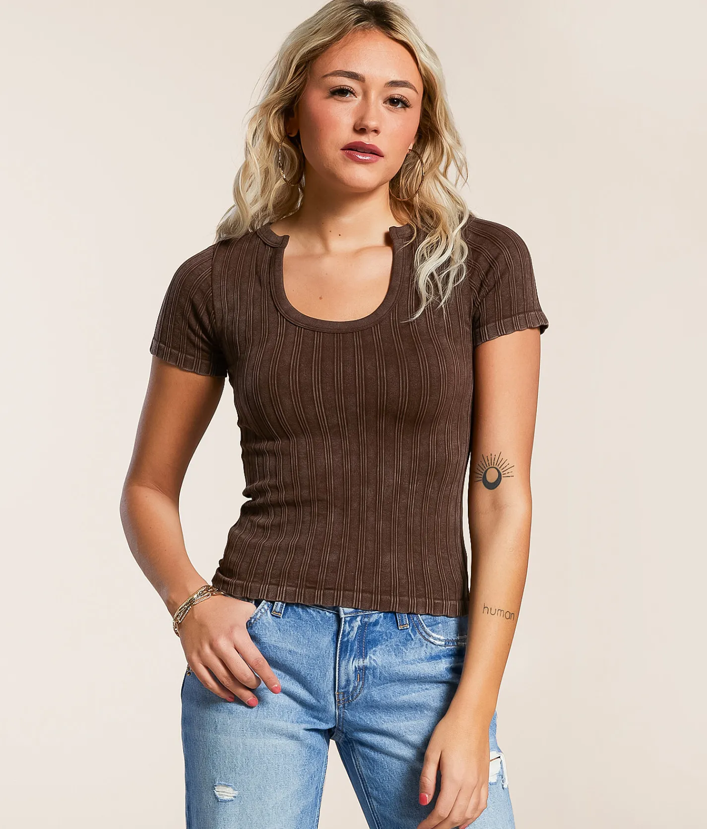 Gilded Intent Ribbed Notch Neck Top Coffee Bean Discount