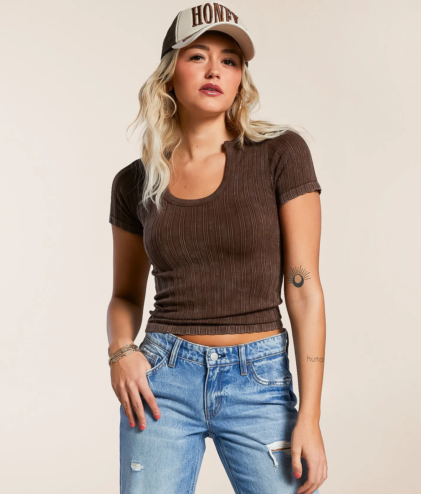 Gilded Intent Ribbed Notch Neck Top Coffee Bean Discount