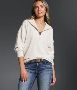 Tops | Buckle Black Ribbed Quarter Zip Pullover Cream Heather