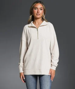 Tops | Buckle Black Ribbed Quarter Zip Pullover Cream Heather