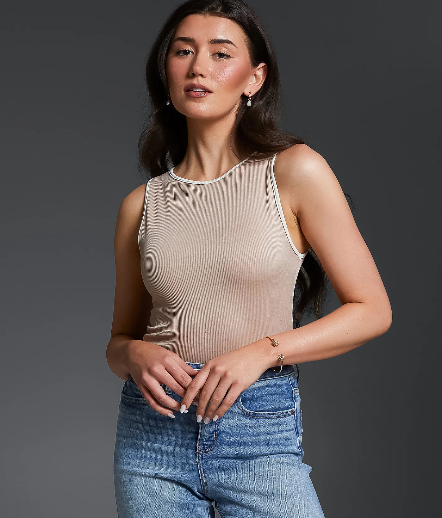 Buckle Black Ribbed Shaping & Smoothing Tank Top Camel Sale