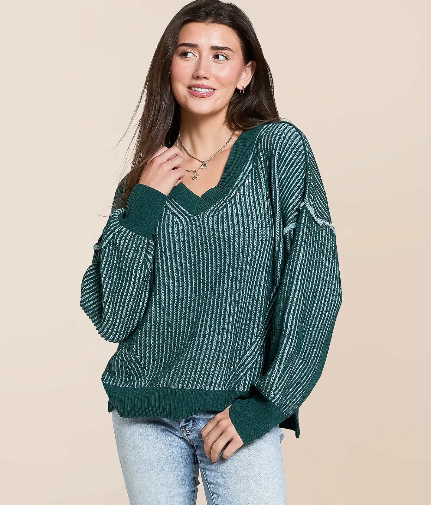 New In Ribbed Stripe Oversized Sweater Forest Best