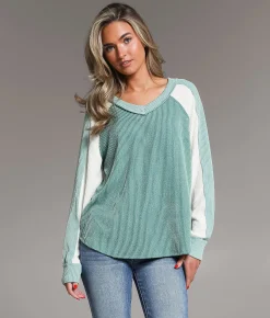 BKE Ribbed Top Blue Cream Combo Best