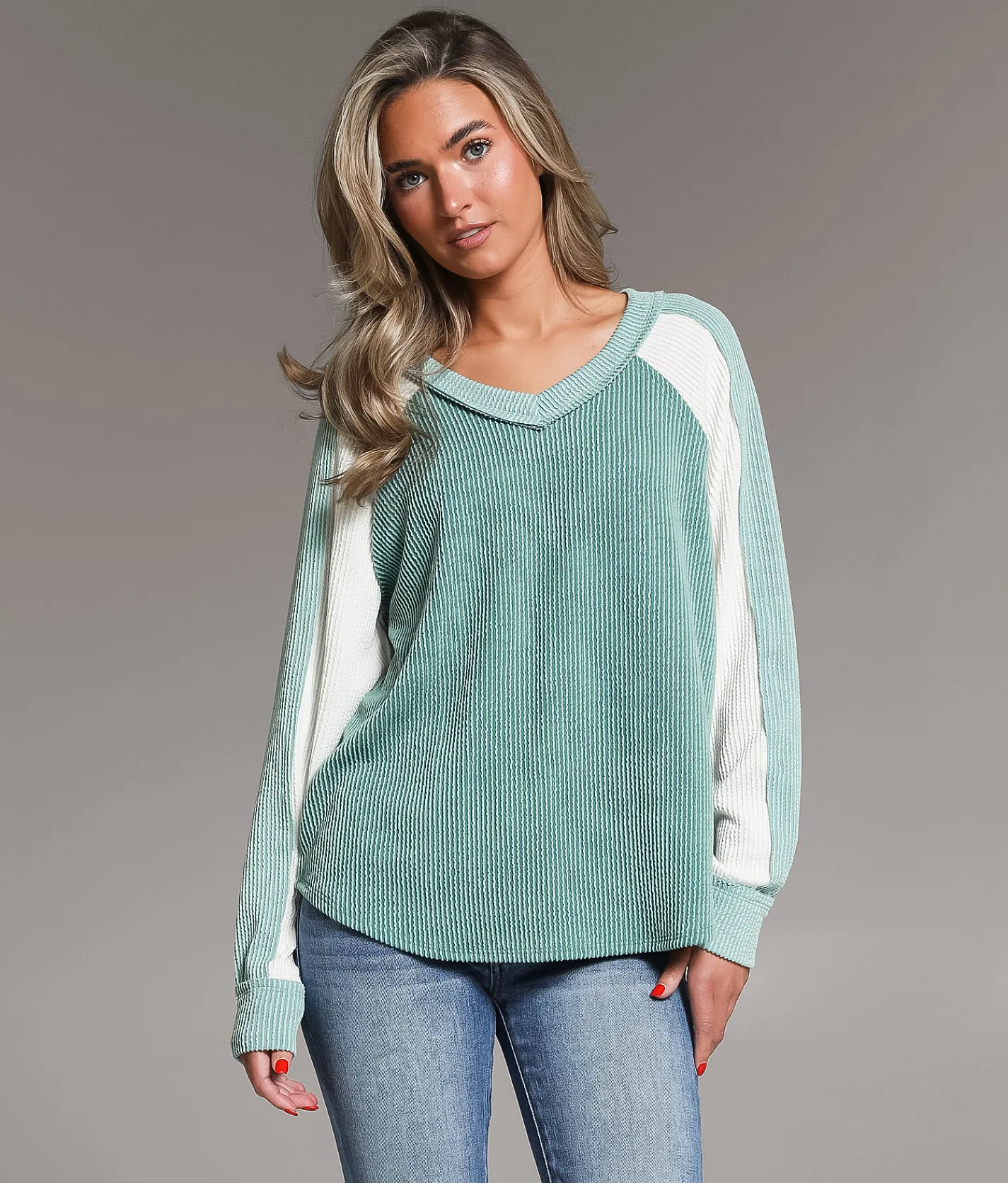 BKE Ribbed Top Blue Cream Combo Best