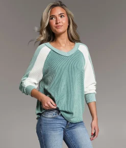 BKE Ribbed Top Blue Cream Combo Best
